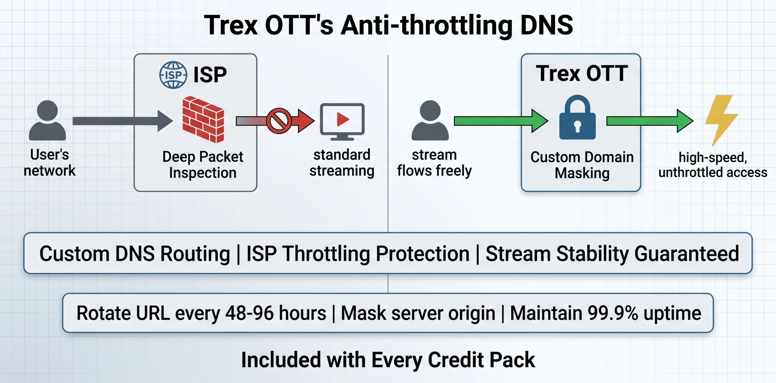 Trex OTT custom DNS security: User connects via custom domain masking, bypasses ISP Deep Packet Inspection, streams flow freely with green checkmark