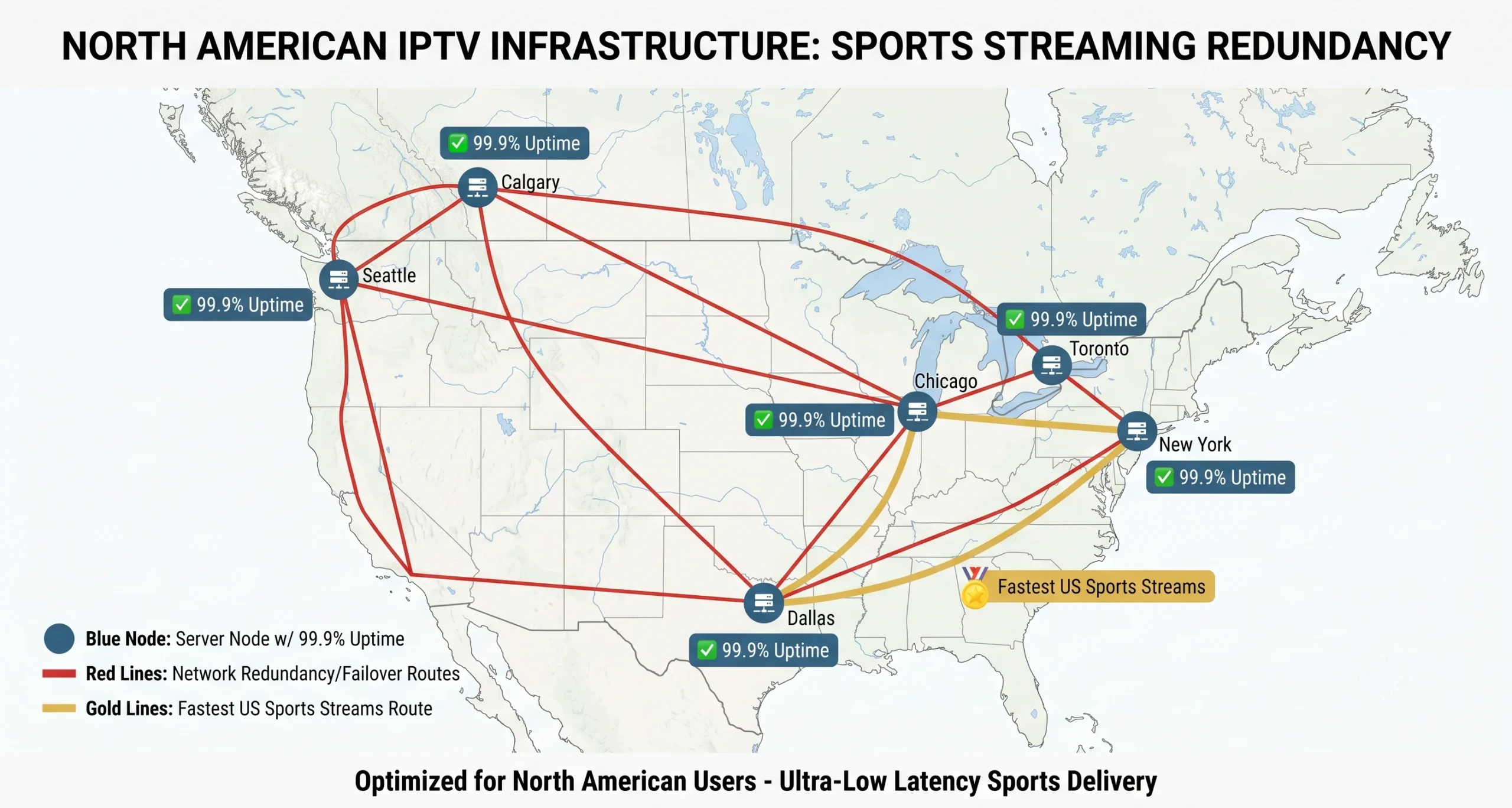 Trex OTT North American infrastructure map showing server nodes in West Coast, Midwest, East Coast, South, and Canada with ultra-low latency for sports streams